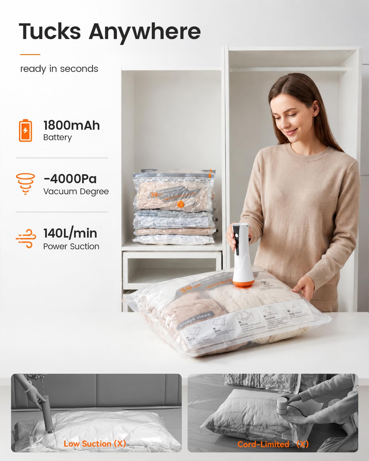Vakuumbeutel für Kleidung, platzsparende Beutel mit wiederaufladbarer, kabelloser Luftpumpe, Kompressions-Verpackungsbeutel für Verpackung, Gepäck und saisonale Aufbewahrung (15 Kombi-Set)