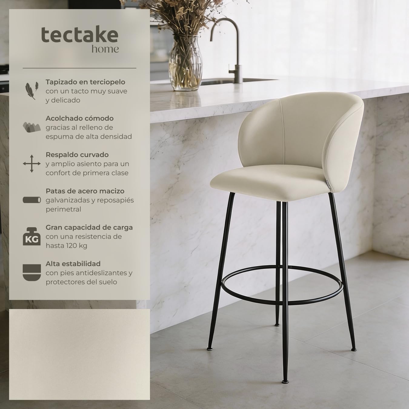 tectake® Taburete Alto con Respaldo Acolchado, Silla Alta de Cocina con Reposapiés, Banqueta con Patas de Acero y Topes Antideslizantes, Silla de Bar, Taburete de Cocina - 2 sillas Crema/Negro