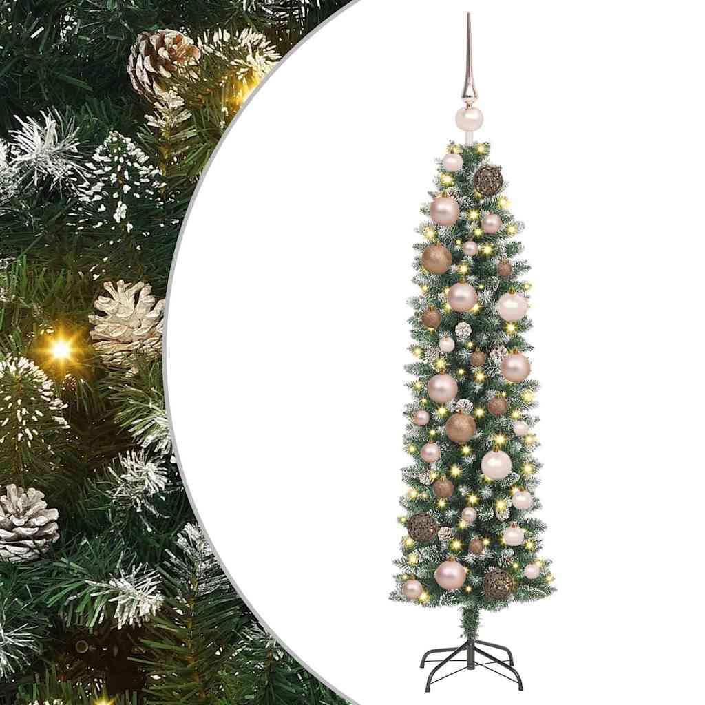 Albero di Natale Artificiale Slim Verde e Bianco con Luci LED 120 cm