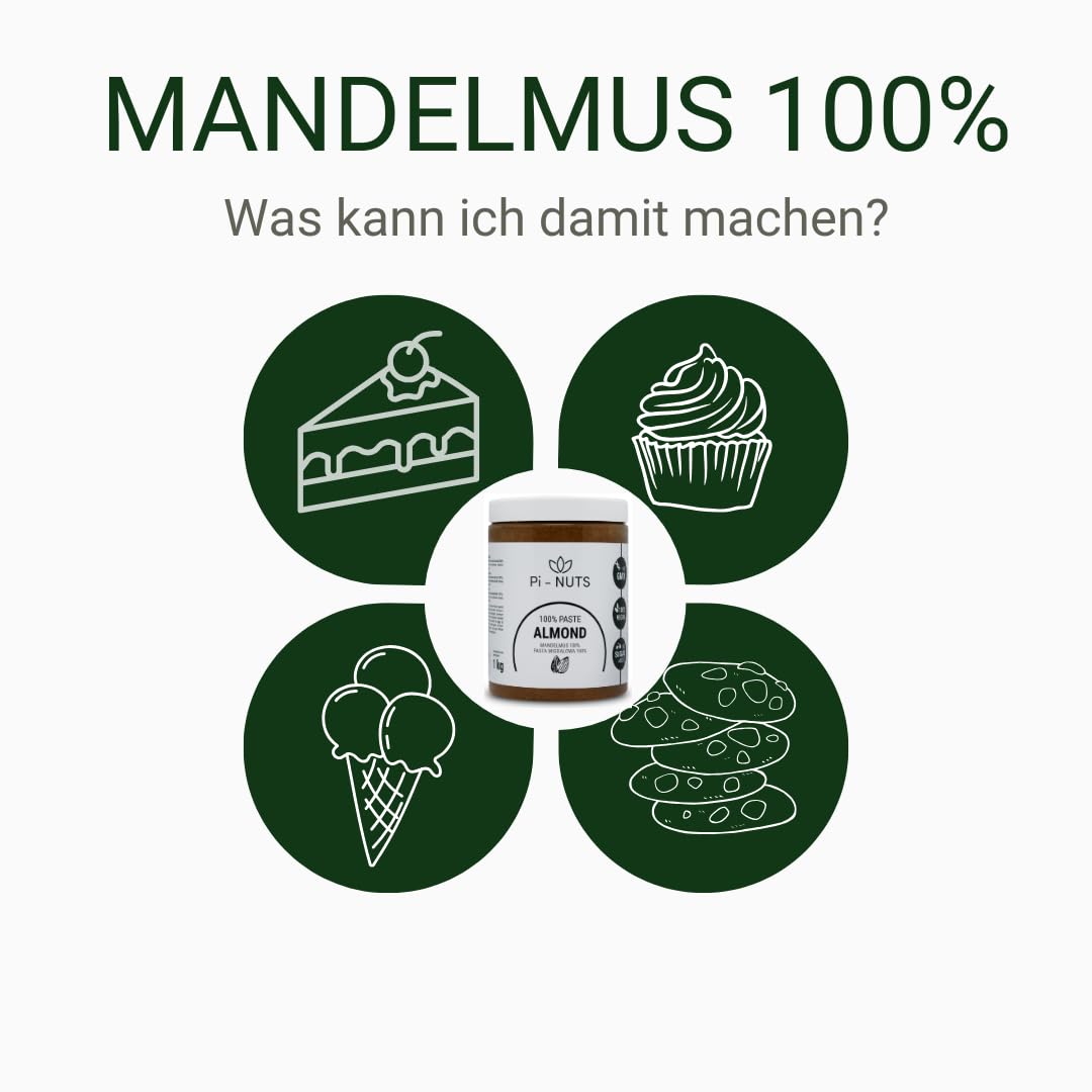 Pi-nuts Mandelpaste 100% - ohne Zusatzstoffe, Konservierungsmittel - ‎Mandelcreme aus gerösteten und geschälten Mandeln - Mandelmus Zum Backen, Desserts und Frühstück - 1 kg