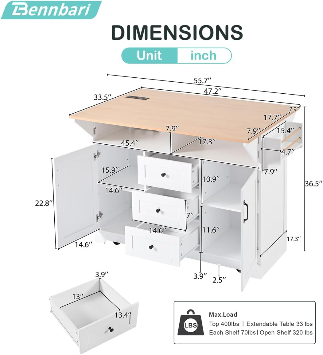 Rolling Kitchen Island with 2 Drop Leaf, Kitchen Cart on Wheels with Power Outlet, Mobile Kitchen Storage Cart, Folding Storage Dining Table, 55 Inch Width (White)