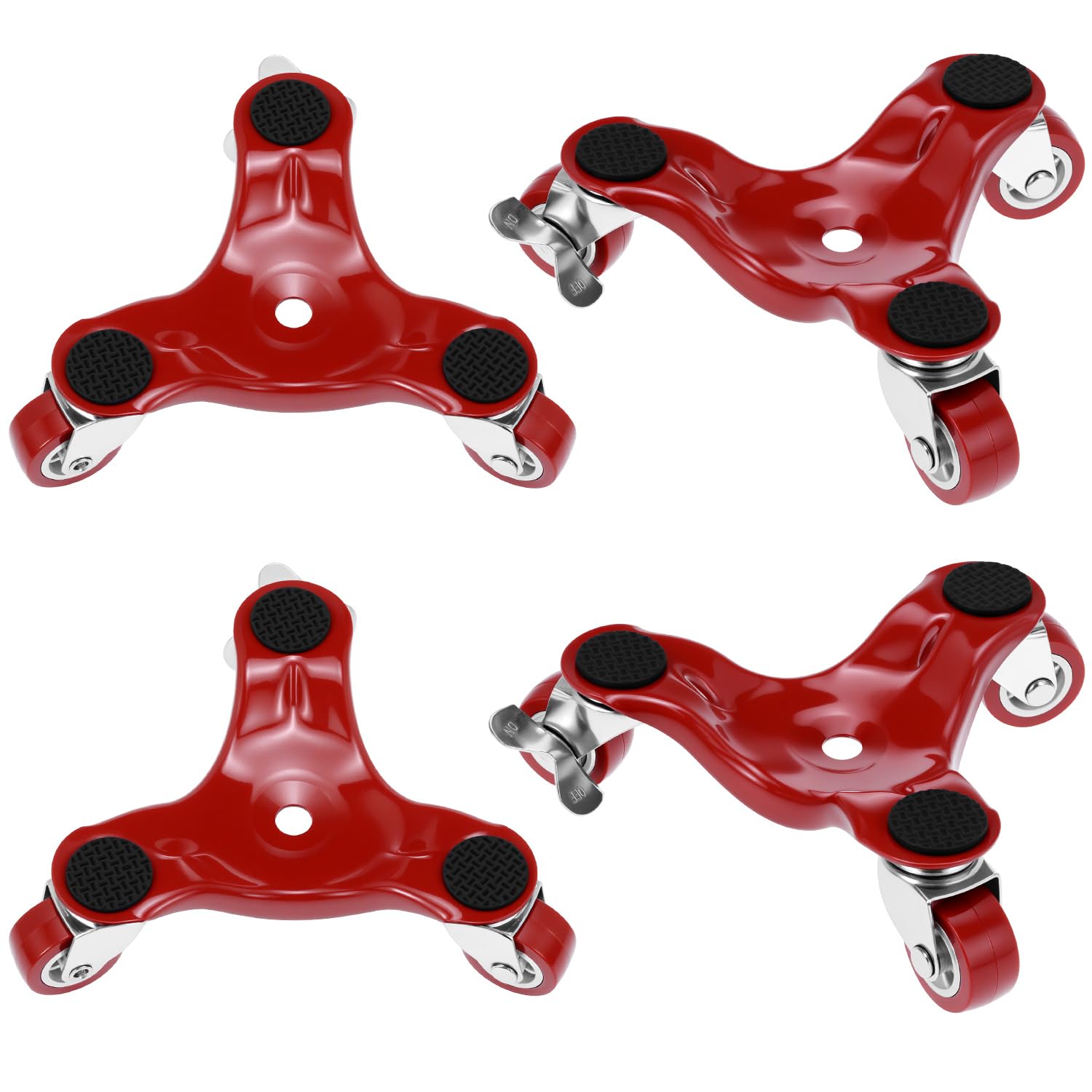Qwork Red 4 Pack Steel Triangular Furniture Dolly With Brake, 200 Lbs Load Capacity 3-Wheel Furniture Mover Dolly With Removable Non-Slip Pad For Moving Furniture, Appliances, Table, Cabinet