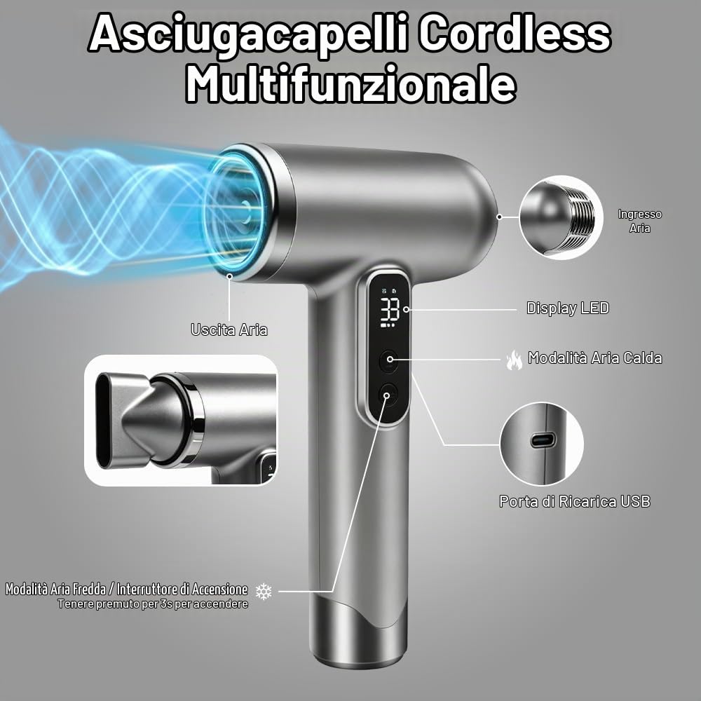 Phon Senza Fili Ricaricabile USB Aria Calda, Asciugacapelli Senza Fili con 3 Impostazioni Di Temperatura e 3 Velocità, Phon Capelli A Batteria, Phon A Batteria per Campeggio e Viaggi