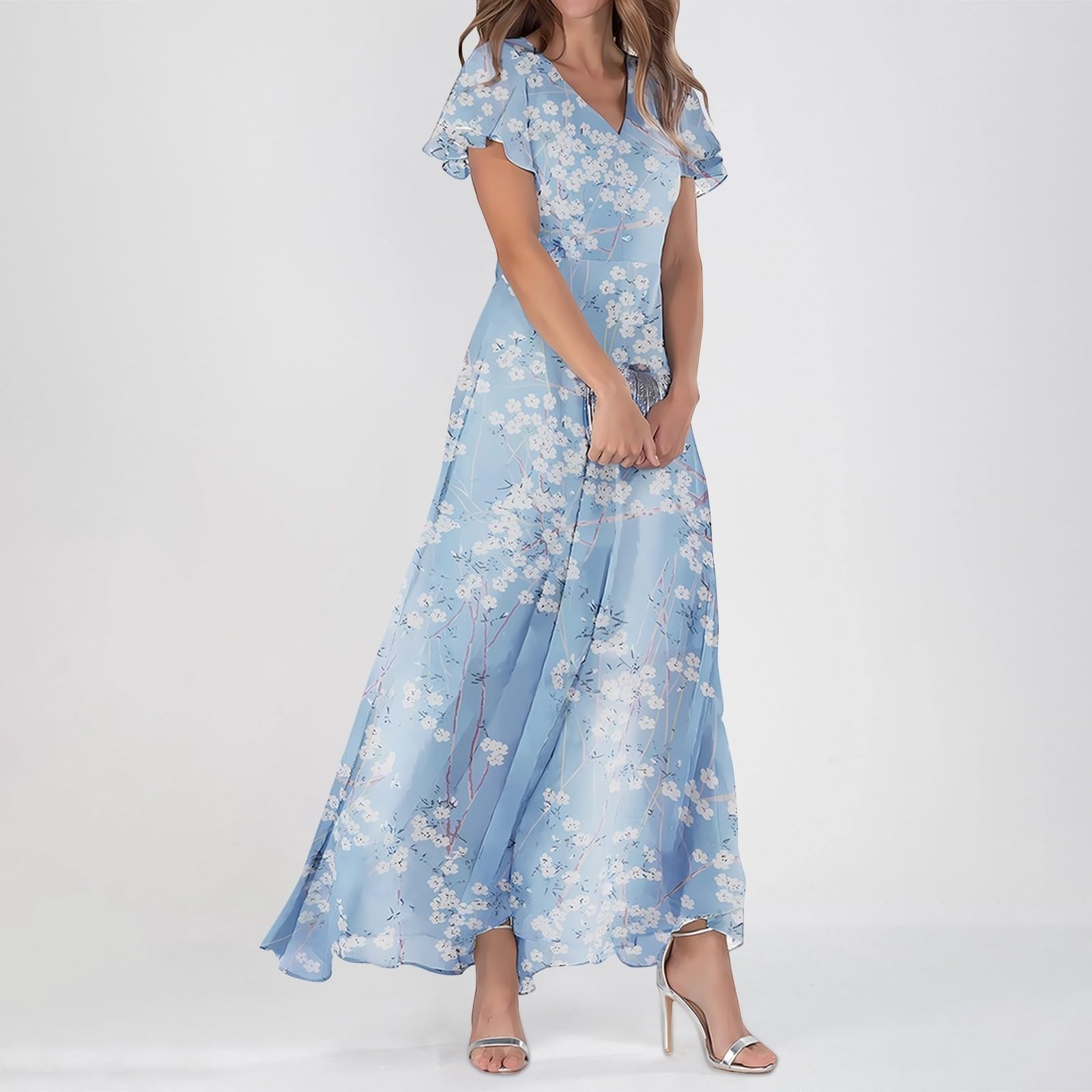 Générique Robe Longue Femme Cocktail Casual Soirée Fluide Élégante Chic Manches Courtes Col V Imprimé Floral Été Habillée Cérémonie Nouveauté Classique A70