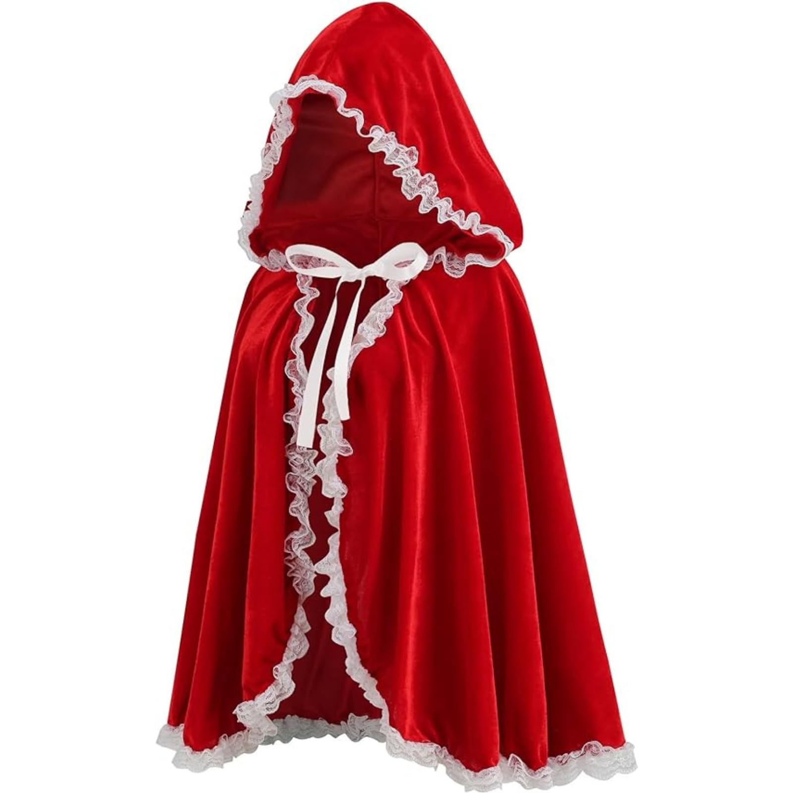 RRCBMD Little Red Riding Hood Cape Velvet Cloak for Halloween Christmas Cosplay Party White lace-bright red-M-25.59 inch - Image 2