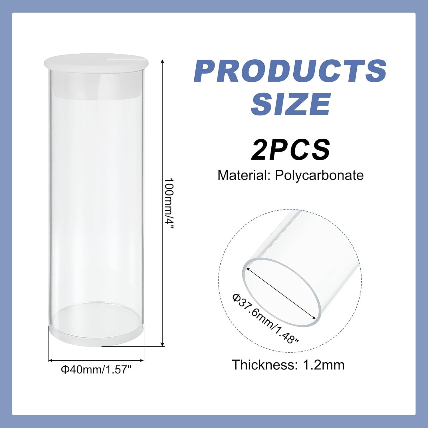 MECCANIXITY Transparent Plastic Storage Tubes, 1 9/16" x 4"(40x100mm) Polycarbonate Clear Rigid Round Storage Tubing with Black Lid, 2 Set