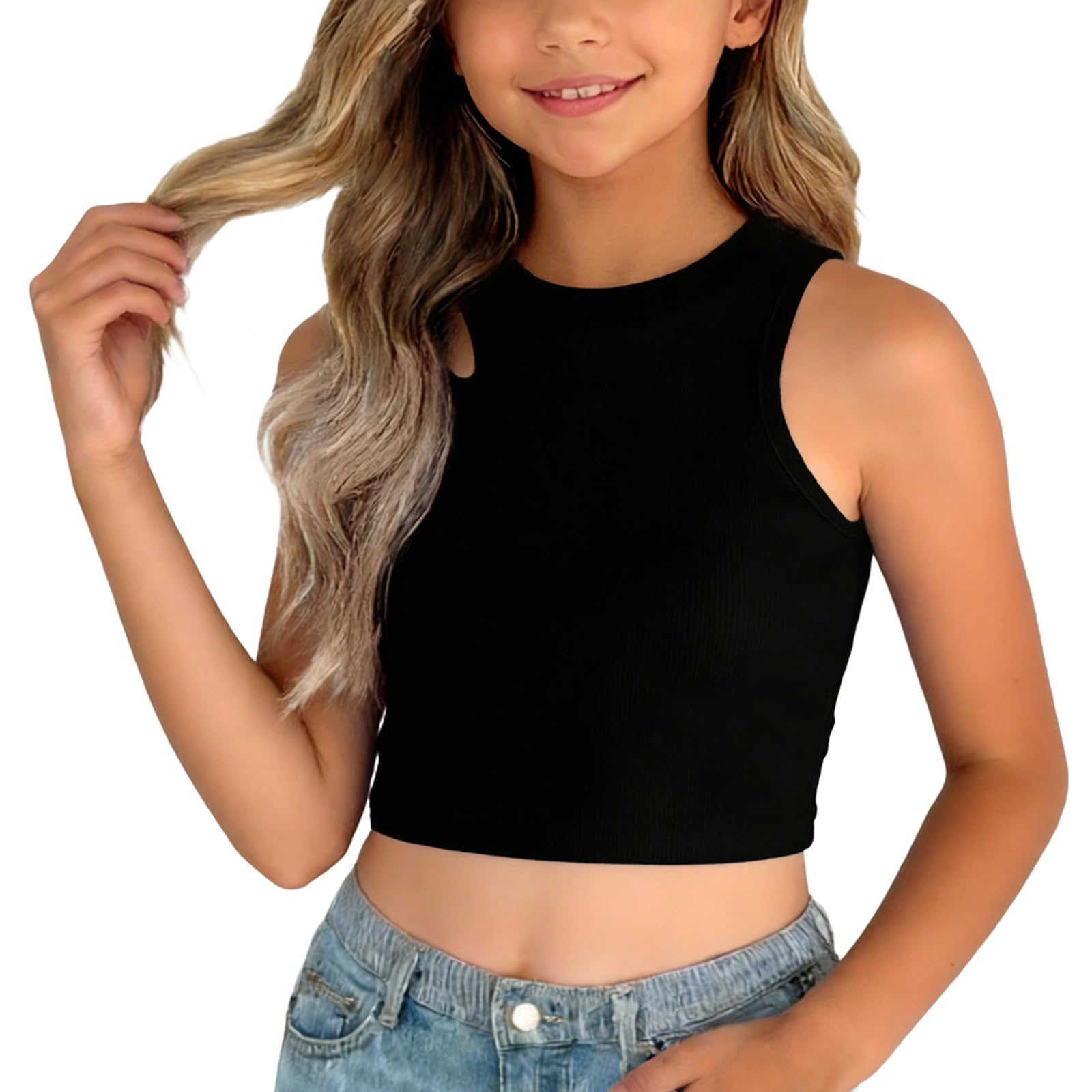 Camiseta deportiva sin mangas para niñas, cuello redondo, hombros descubiertos, para gimnasio y uso diario, casual, yoga, camiseta corta de punto, ajustada, ropa deportiva para la escuela