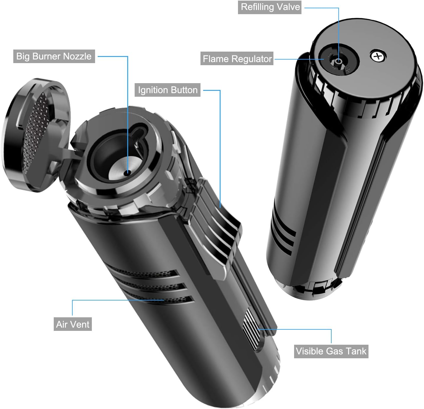 Torch Lighters, 2 Pack, Butane Lighter, Adjustable Jet Flame Pen Torch Lighter, Windproof Butane Refillable Gas Torch Lighter Long Lighter for Candle, Grill, BBQ(Butane Not Included) (Black)