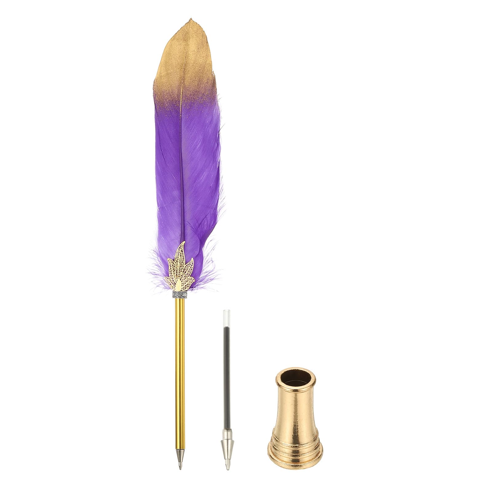 PATIKIL Feather Pen Quill, Feather Ballpoint Pen Bulk Refined Vintage Feather Calligraphy Pen with Golden Pen Holder for Guest Signature Wedding