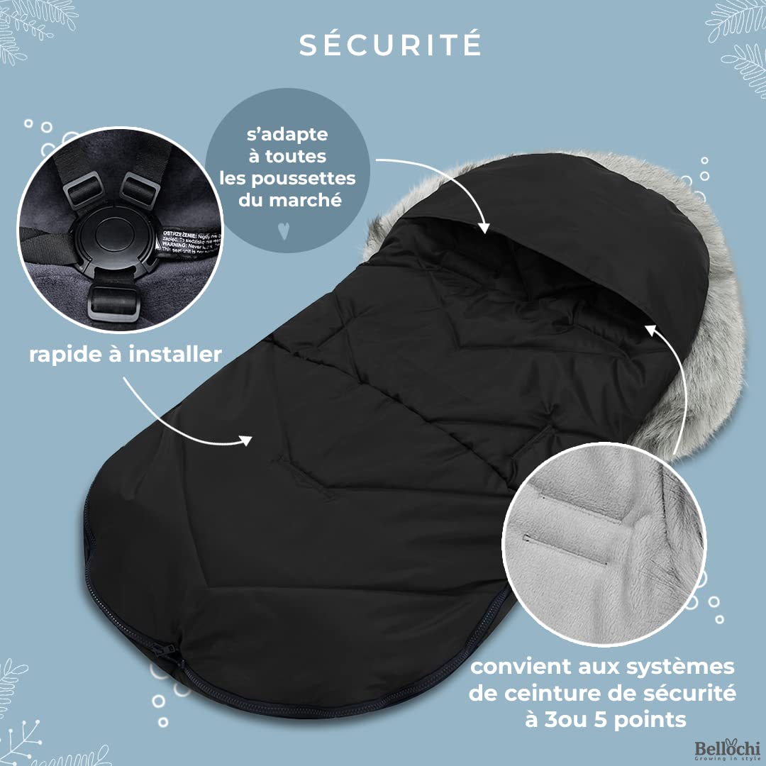 Bellochi Chanceliere Universelle pour Poussette - Chanceliere Cosy et Chaude avec Fermeture Éclair - Capuche Réglable et Col Fourrure Amovible (X - Noir)