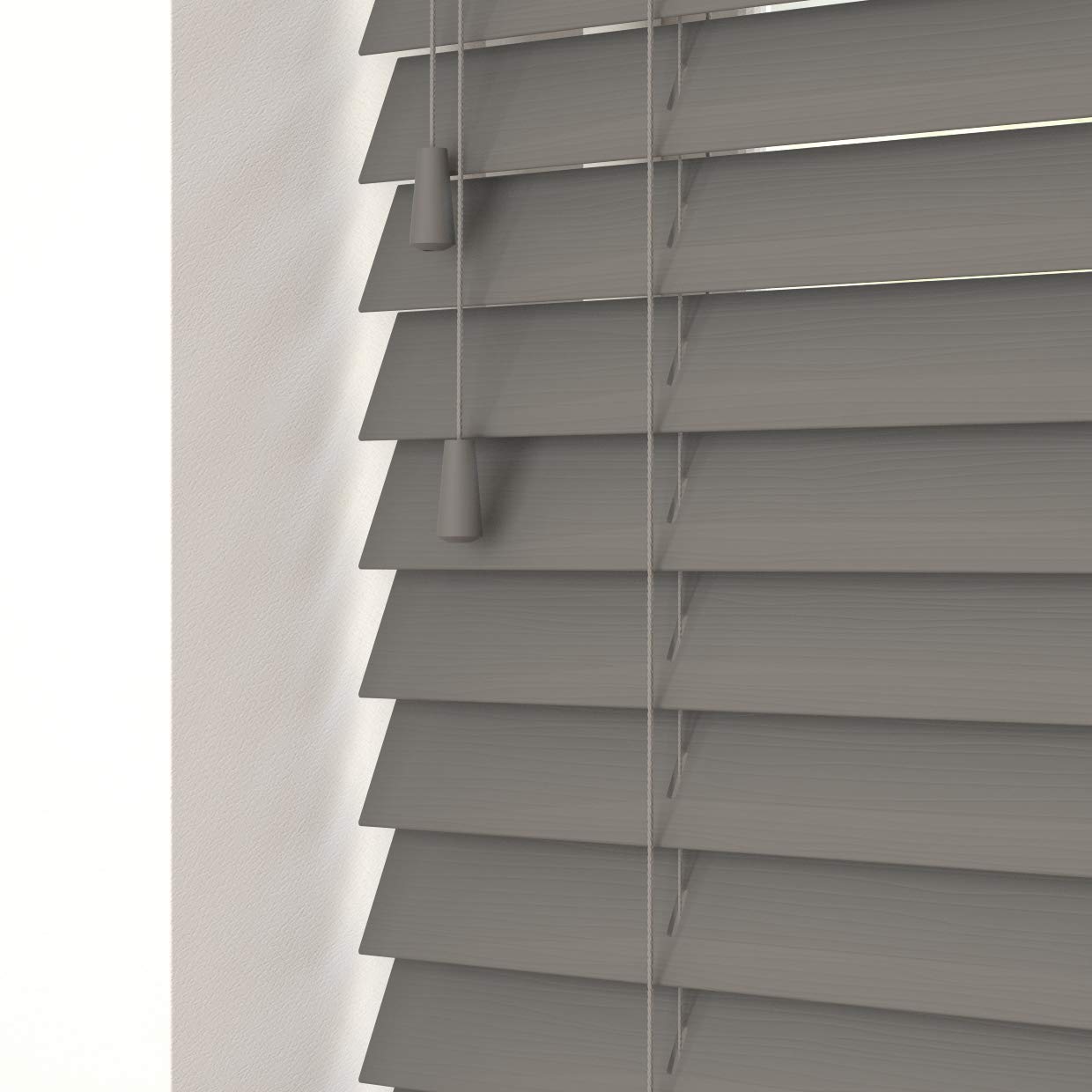 Fine Grain Faux Wood Venetian Blinds with Strings - Smooth Grey / 150cm