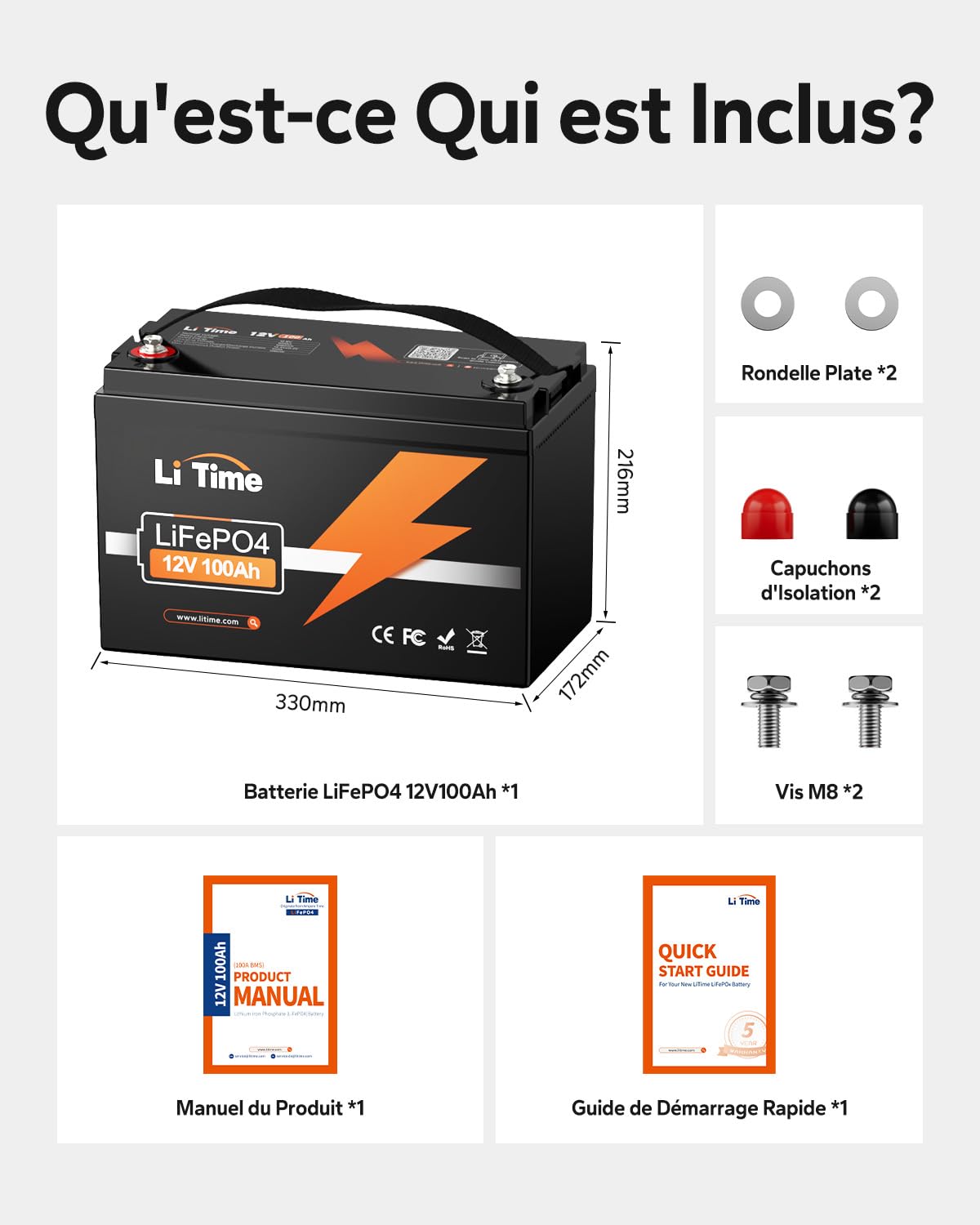 LiTime Batterie Lithium LiFePO4 12V 100Ah Pour Sièges de Camping-Car, 4000-15000 Cycles Profonds, Énergie 1280Wh, sans Entretien pour Caravane, RV, Bateau, Système Solaire, Fourgons, Hors Réseau