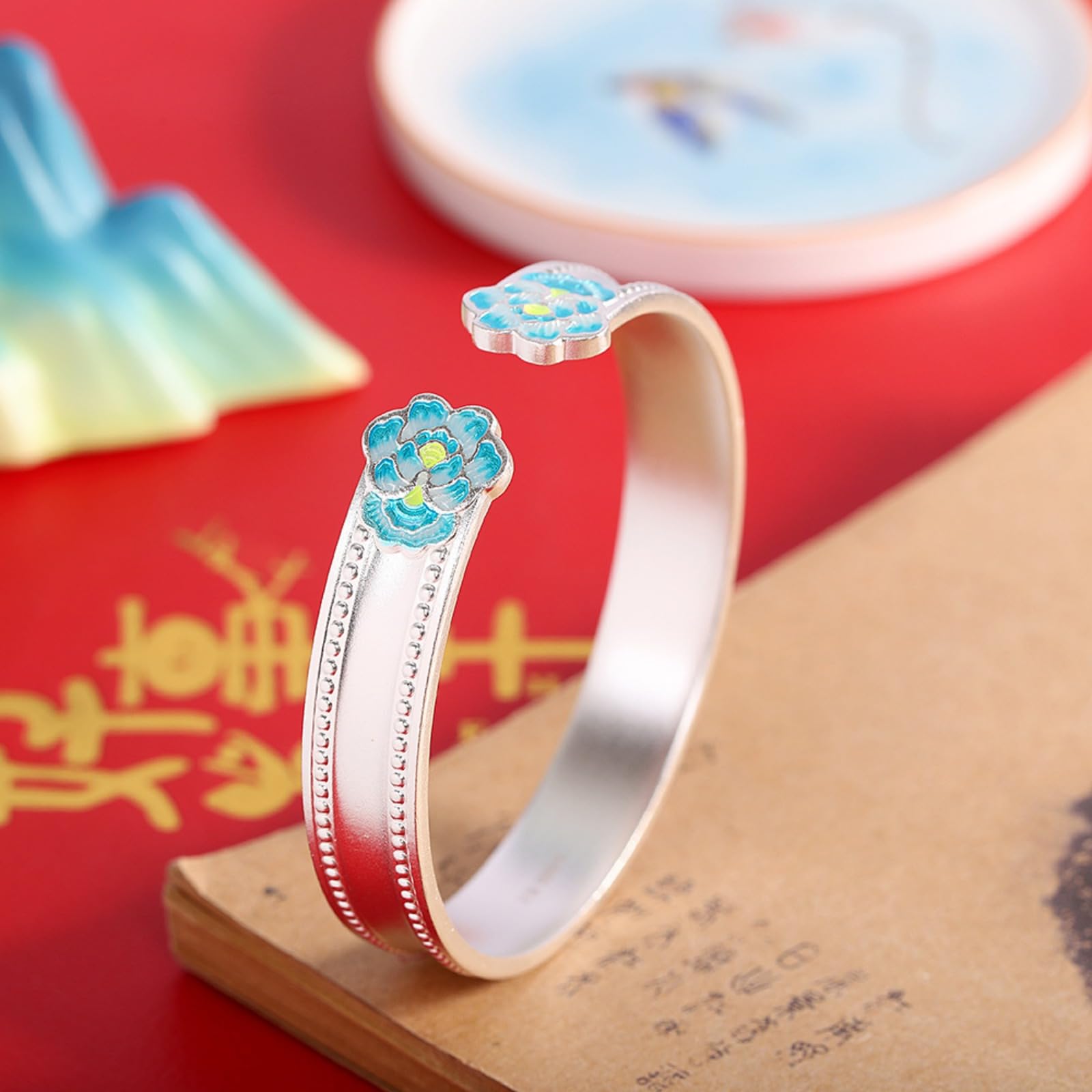 Braccialetti d'argento, braccialetti vintage, Bracciale rigido aperto di buon auspicio in argento sterling 999 da donna, smaltato, artigianato tradizionale, accessorio perfetto for appuntamento, compl
