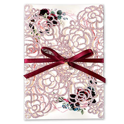 DORIS HOME 5x7.3 inch 50PCS Glitter Rose Gold Laser Cut with Preprinted Flora Design and Envelopes Hollow Rose Pocket With Ribbon Belly Band Invitation Cards for Wedding