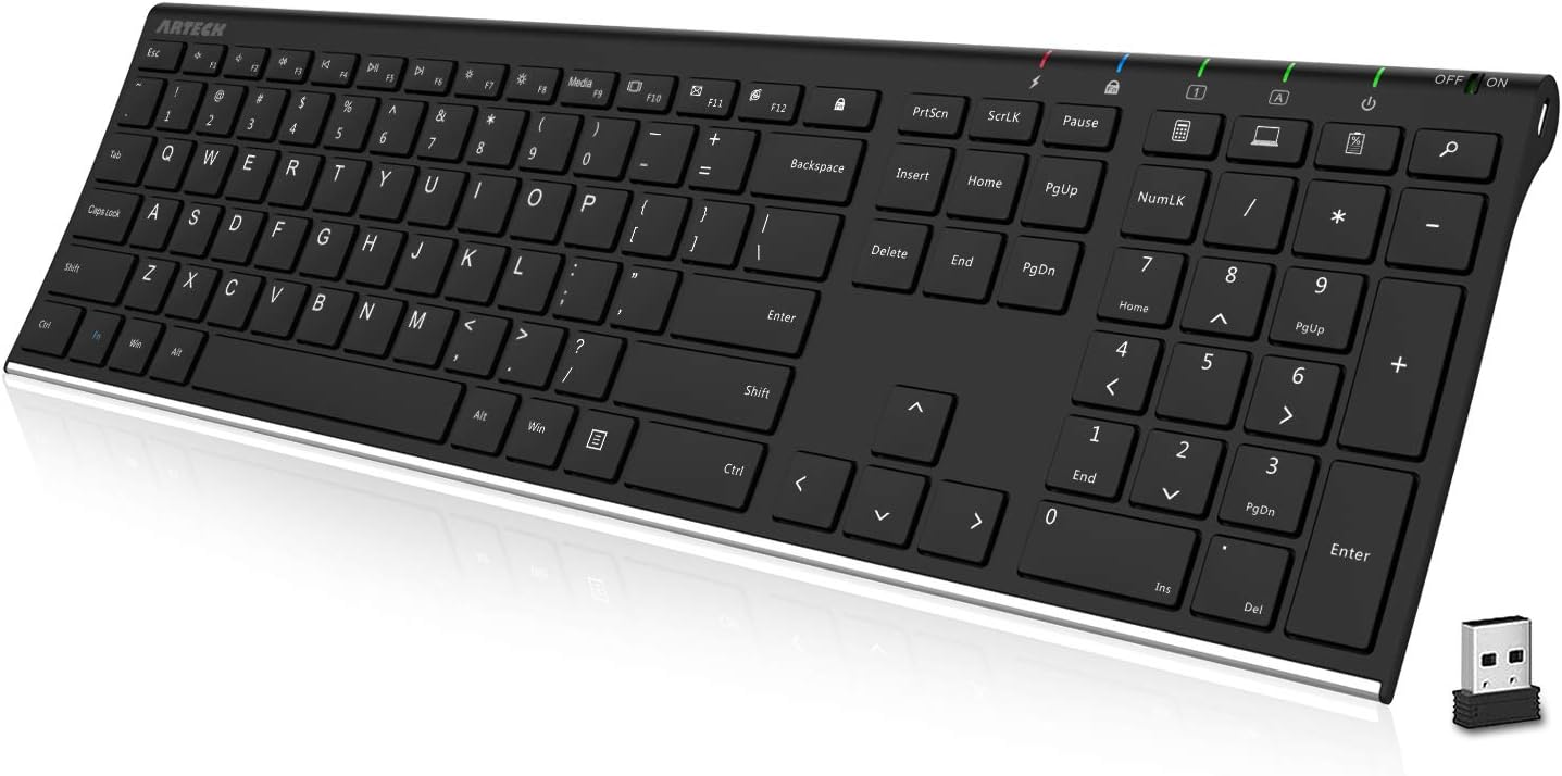Arteck 2.4G Wireless Keyboard Stainless Steel Ultra Slim Full Size Keyboard with Numeric Keypad for Computer/Desktop/PC/Laptop/Surface/Smart TV