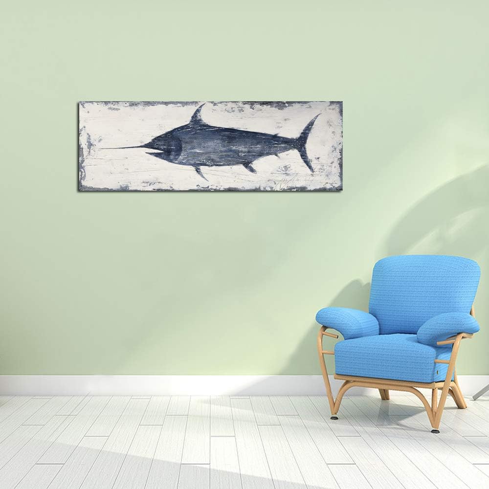 Yihui Arts Nautical Canvas Wall Art Animal Pictures Hand Painted Swordfish Paintings Ancient Ocean Seascape Coatal Artwork for Living Room Decoration 12x36IN Sword Fish