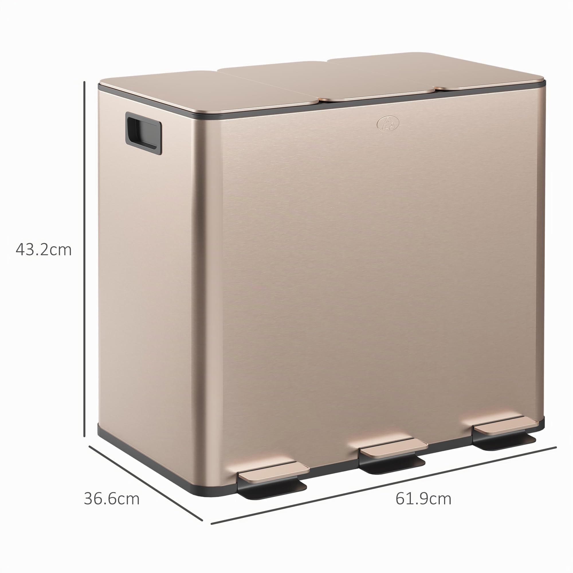 HOMCOM Cubo de Cocina Triple, Cubo de Pedal 3 x 15L, Cubo de Basura Triple de Acero Inoxidable con Tapa de Cierre Suave, Cubos Interiores Extraíbles, A Prueba de Huellas Dactilares para Reciclaje y