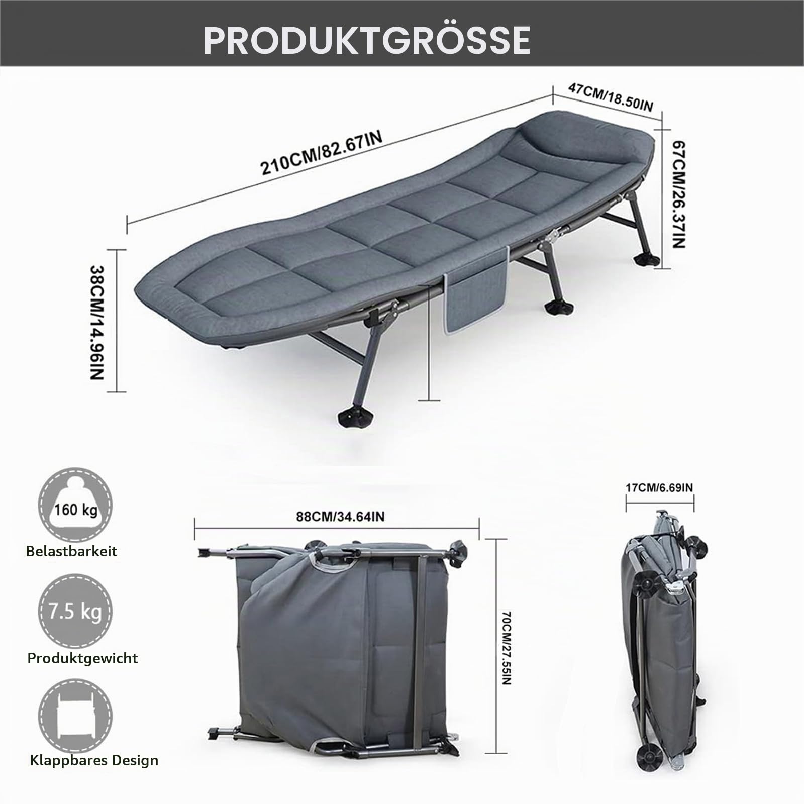 Feldbett Klappbar, Campingliege Klappbar mit Matratze & Seitentasche, 5-Fach Verstellbar Gartenliege, Campingbett, Karpfenliege, Liegestuhl für Camping Reisen Strand und Garten (Grau)