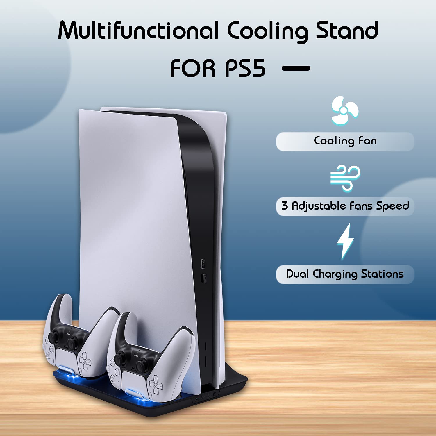 Mcbazel PS5 - Ventilador de refrigeración, estación de Carga Vertical para PS5, Multifuncional con luz Azul y LED, Carga rápida para Mando de Juegos para Consola PS5-negro (no para PS5 Slim)