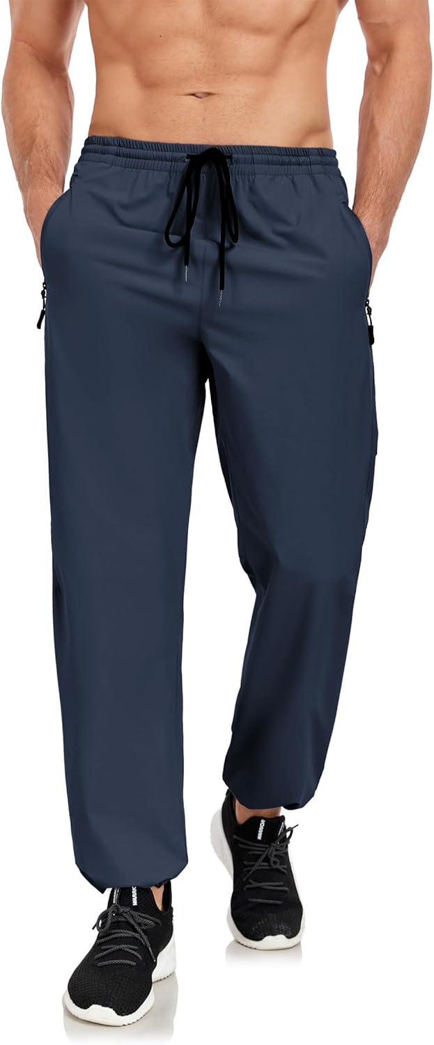 Men’s Hiking Pants Lightweight Joggers Elastic Waist Quick Dry Travel Outdoor Running Pants with Zipper Pockets