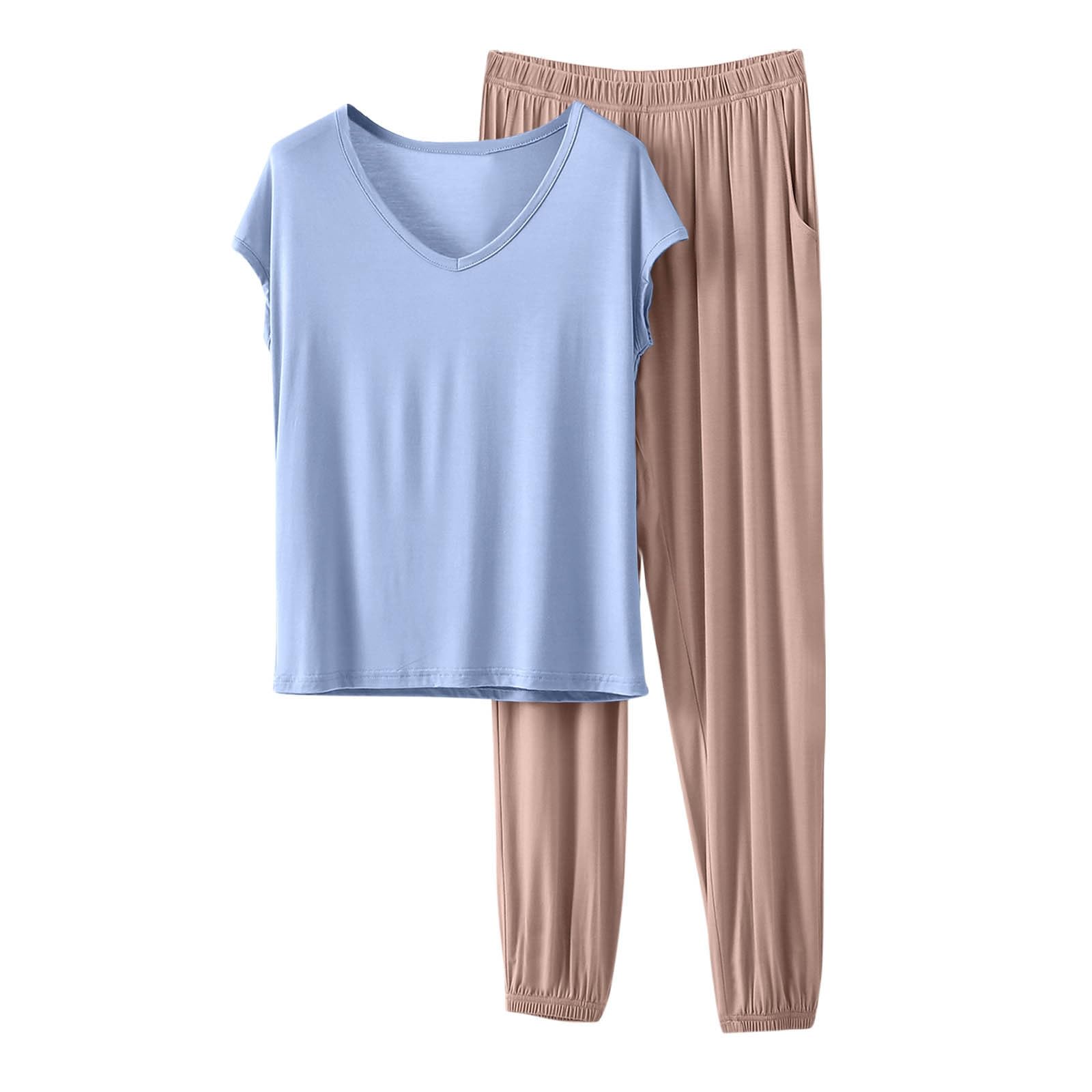 HGps8w Women's Modal Soft Summer Pajamas Sets, Loose V Neck Short Sleeve Top Joggers Pants Matching 2 Piece Lounge Outfits