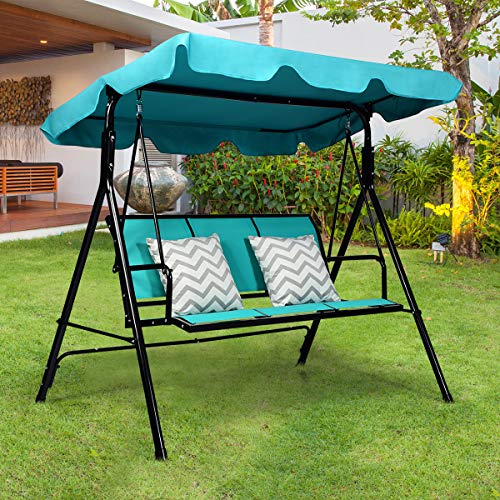 Image of TANGKULA 3 Person Patio Swing, Steel Frame with Polyester Angle Adjustable Canopy, All Weather Resistant Swing Bench, Suitable for Patio, Garden, Poolside, Balcony (Turquoise)
