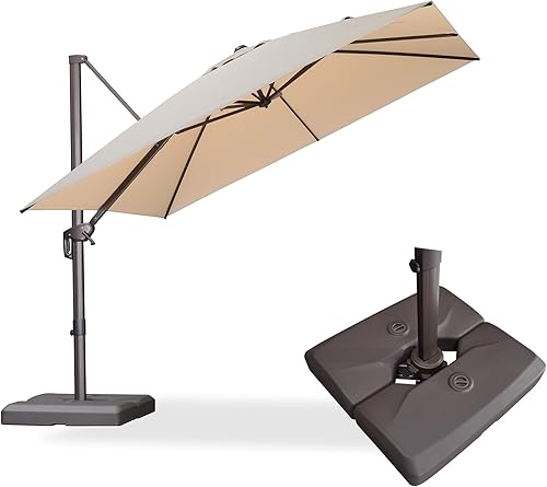 PURPLE LEAF 10' X 10' Patio Cantilever Umbrella with Base Included Antique Bronze Square Outdoor Umbrella with 360° Rotation and Aluminum Offset Hanging for Garden Backyard Pool, Beige