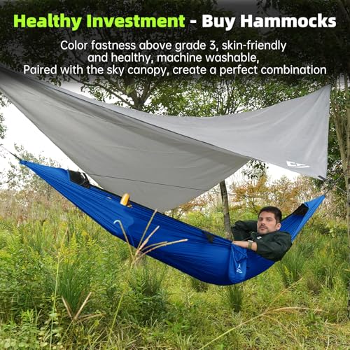 Image of Camping Hammock Mosquito Net with Rain Fly - Rain Fly Tarp & Hammock Bug Net, Portable Parachute Nylon Hammock for Outdoor, Hiking, Backpacking, Backyard, Beach, Travel (Hold Up to 500lbs)