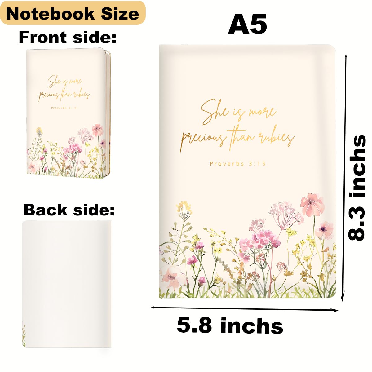 Notizbuch mit Bibelvers für Damen und Herren, 200 Seiten, A5, Hardcover, Hartschalen-Tagebücher zum Schreiben von Notizen, Frühlingsblumen, christliches College, liniert, Notizbuch, Tagebuch