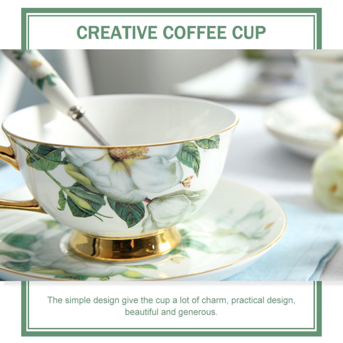 VOSAREA Juego de Taza y Platillo de Cerámica Soporte, 1 Set | Taza, Plato y Cuchara Incluidos, Diseño Ergonómico, Fácil Limpieza, Uso Prolongado
