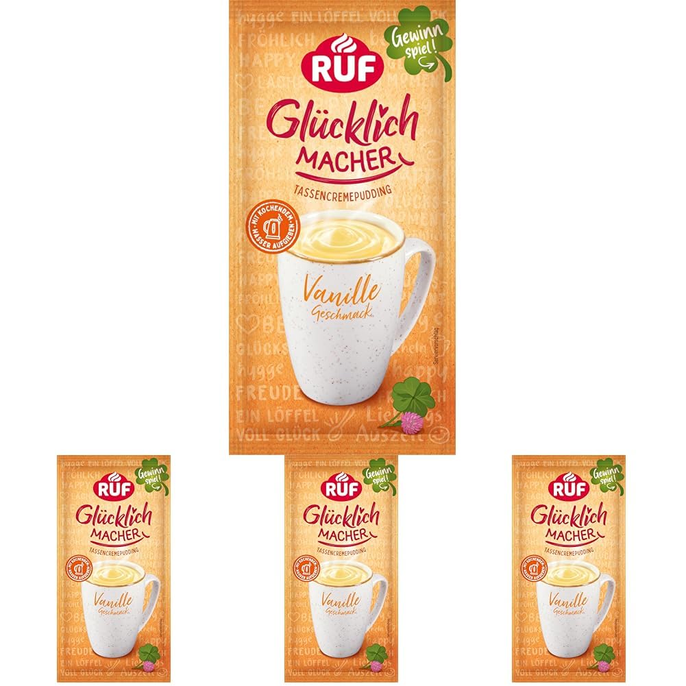 RUF Glücklichmacher Tassenpudding Vanille-Geschmack, Cremepudding für schnelle Desserts, Tassencremepudding, nur Wasser hinzufügen, 1 x 59g Beutel (Packung mit 4)