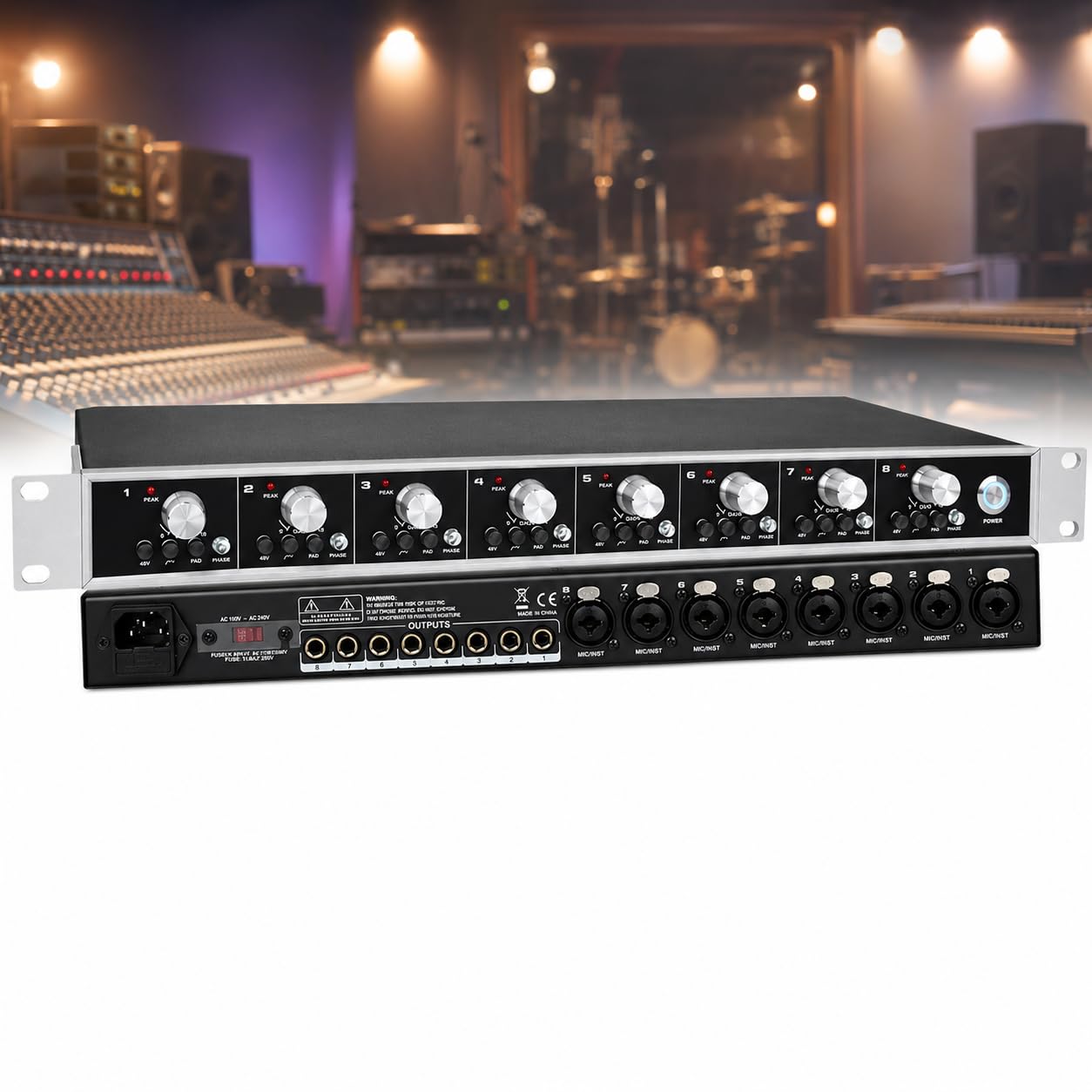 TsoLay 8-Channel Microphone Preamp, Mic Gain Booster with 60dB Clean Gain, 48V Phantom Power, Phase Reverse Design, XLR/6.35mm Input for Live Show,Streaming Recording Music Stage