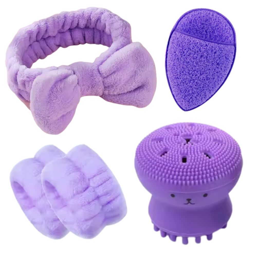 Elastic Headband for Makeup Pink, Fuchsia and Lilac Design (Headband and Wristbands Lilac + Sponge + Facial Cleansing Brush, Large)