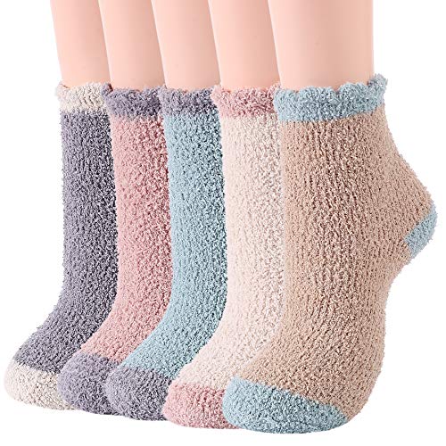 Zando Women Fuzzy Socks Cozy Fluffy Socks Warm Slipper Socks Cute Plush Socks Super Soft Fleece Socks Microfiber Sleep Socks Indoor Crew Socks Fuzzy Socks for Women 5 Pairs Cute Patchwork One Size