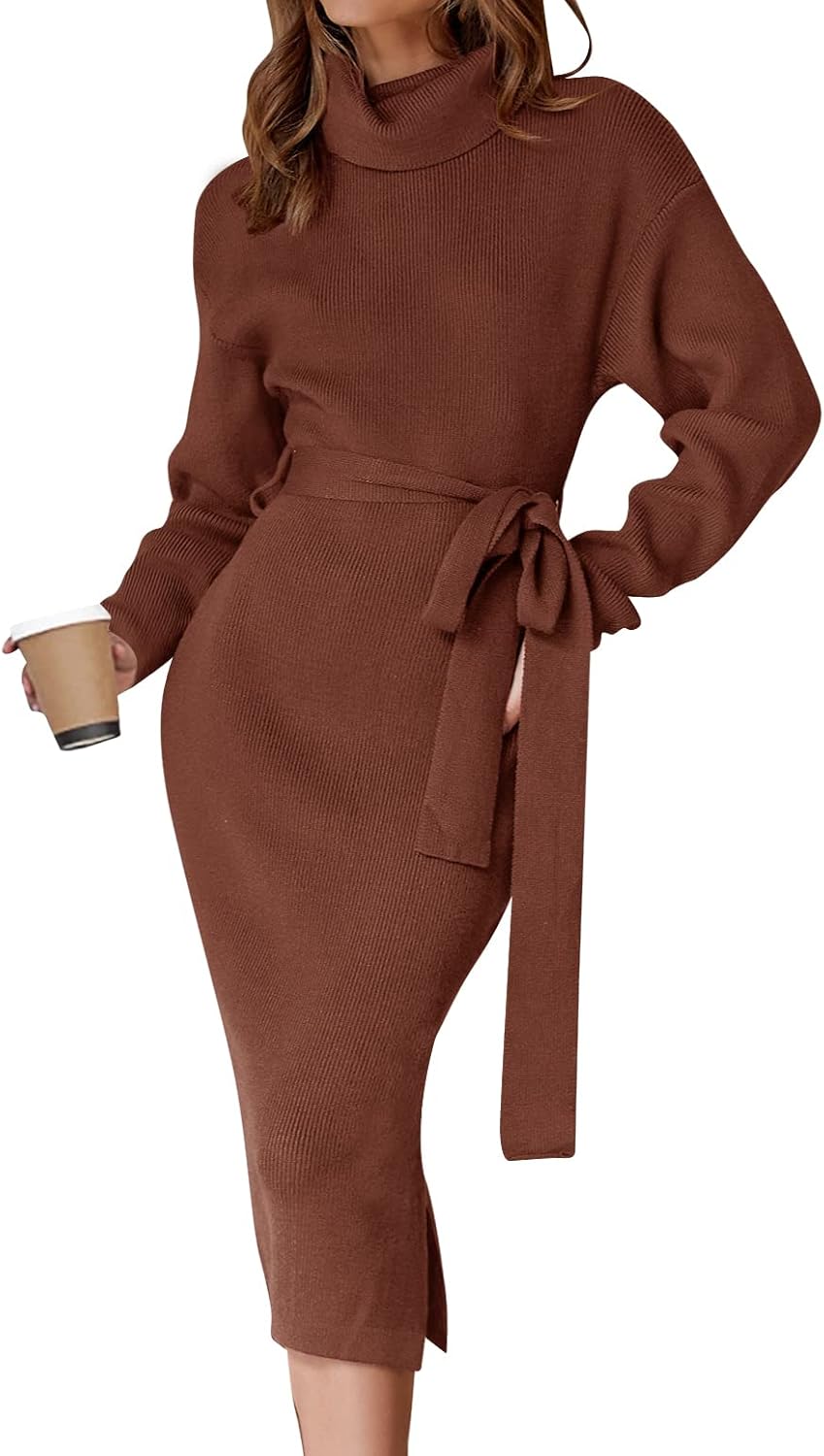 ZESICA Women's Turtleneck Sweater Midi Dress Long Sleeve Ribbed Knit Bodycon Slit Dress with Belt