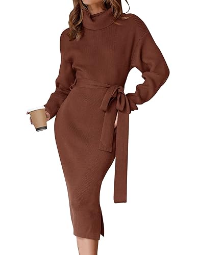 Women's Turtleneck Sweater Midi Dress Long Sleeve Ribbed Knit Bodycon