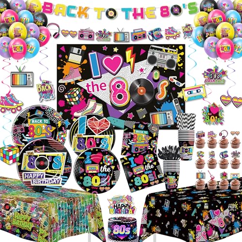 Owelleny 80s Party Decorations Retro 1980s Hip Hop Theme Back to the 80s Birthday Party Supplies Paper Plate Napkin Cup Banner Tablecloth Backdrop Swirl Balloon Topper Cutlery Serves 24