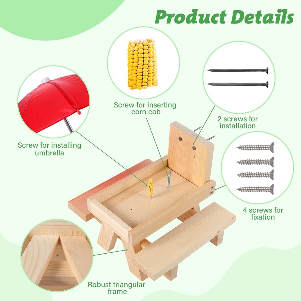 Wooden Squirrel Picnic Table with Corn Holder, Chipmunk Feeder with Umbrella and Benches, Stable Outdoor Dining Table for Squirrels