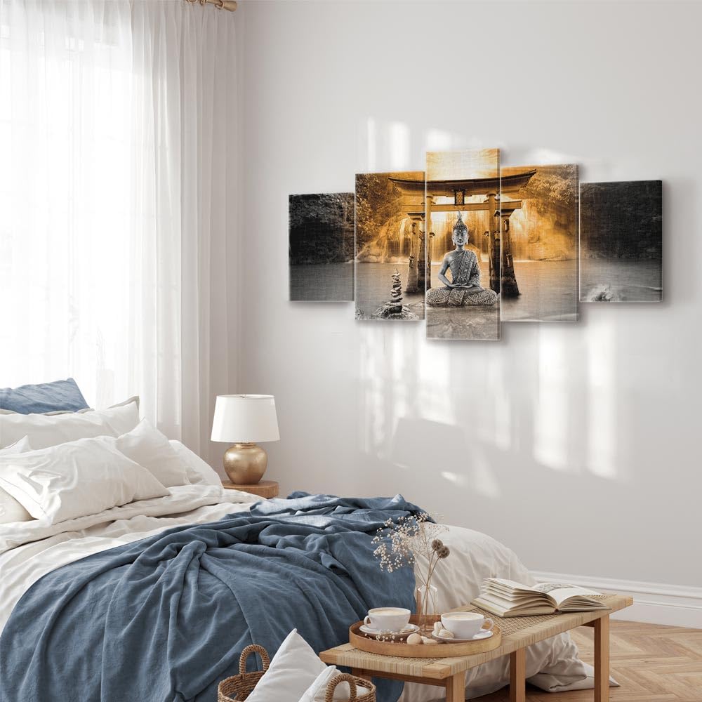 murando Cuadro en Lienzo Buda 200x100 cm Impresión de 5 Piezas Material Tejido no Tejido Impresión Artística Imagen Gráfica Decoracion de Pared Oriente Zen Cascada p-A-0033-b-o