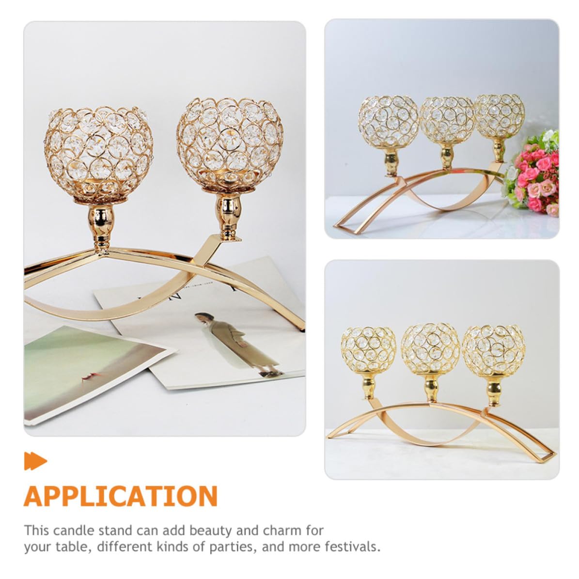 Candelero de Metal y Cristal de 3 Brazos, Diseño Decorativo Dorado