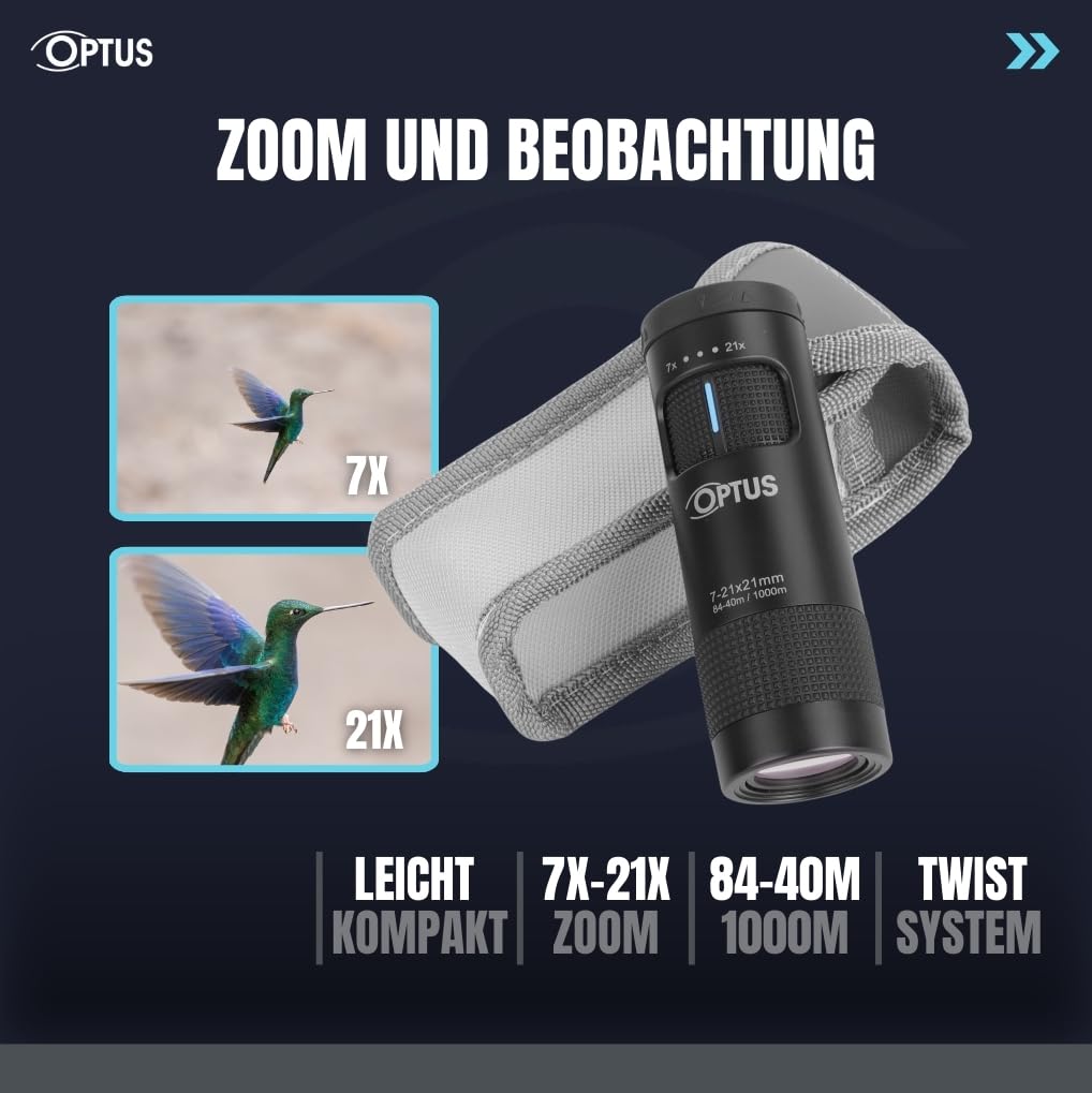 Optus Monocolo con Zoom 7-21x21 Compatto per Osservazione Natura e Viaggi, Adatto a Portatori di Occhiali, con Custodia e Attacco Treppiede
