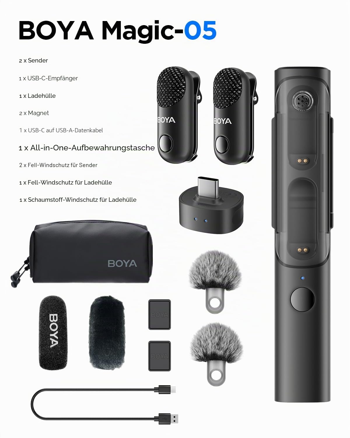 BOYA Magic 4-fach Transformierbares Mini Mikrofon, Kabelloses Lavalier, Handheld, Desktop & Kamera Mikrofon Handy für iPhone15/16/Android, Vlogging, Streaming(2TX+1RX)