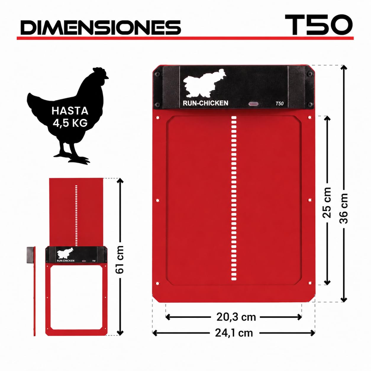 RUN‑CHICKEN Door T50 Red – Puerta automática roja para gallineros, Funciona con Pilas AA, Control por App, Sensor de luz, Temporizador con retardo y Aluminio Resistente para Exteriores