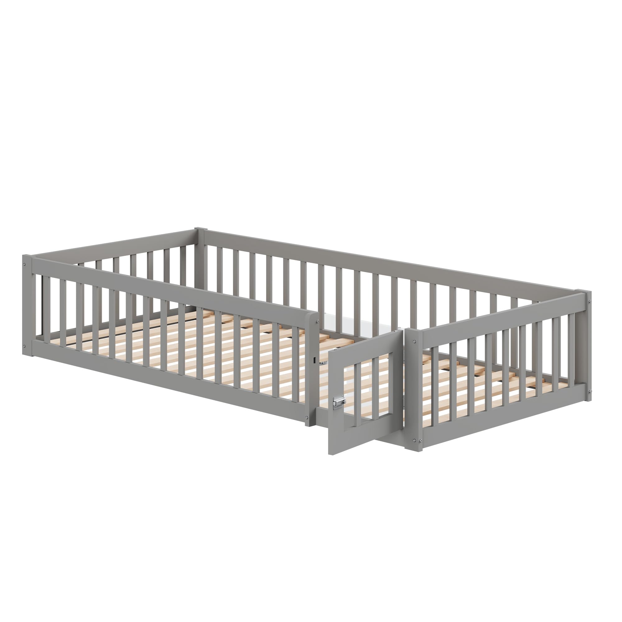 Merax Kinderbett 90x200 cm, Bodenbett mit Rausfallschutz, Hausbett mit Stauraum und Lattenrost, für Jungen & Mädchen, Grau (Ohne Matratze)