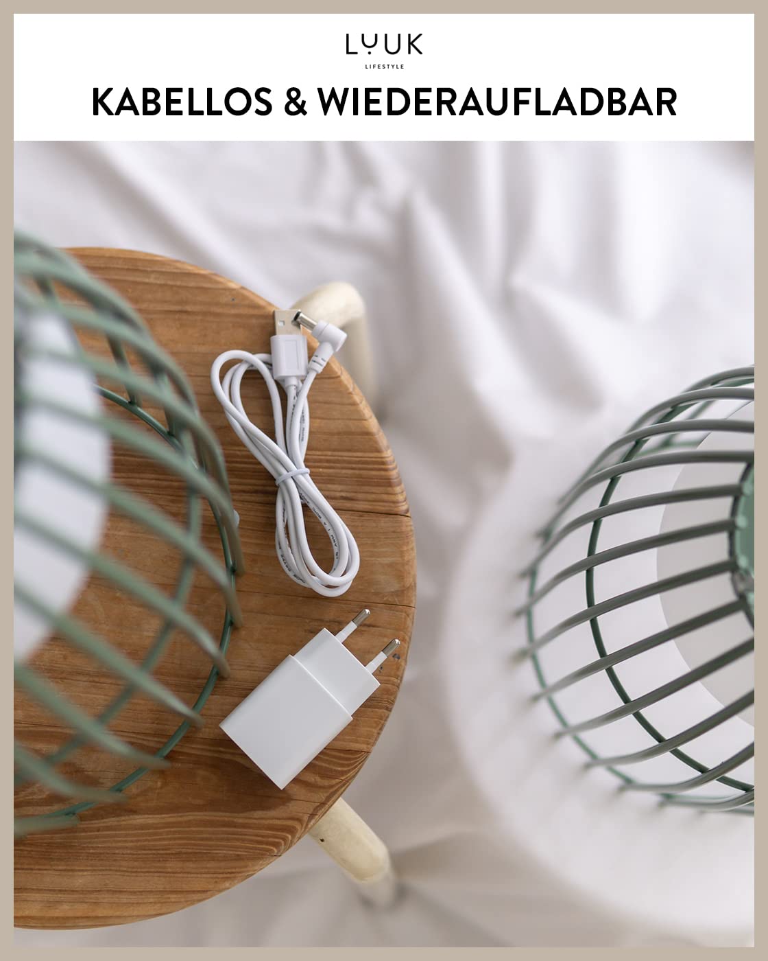 LUUK LIFESTYLE Hochwertige LED Lampe, wiederaufladbar bis zu 72 Std. Leuchtdauer, Outdoor Laterne in schlichtem Design, Camping Licht, moderne Dekoration, Innen und außen, Akkuleuchte, USB, grün matt