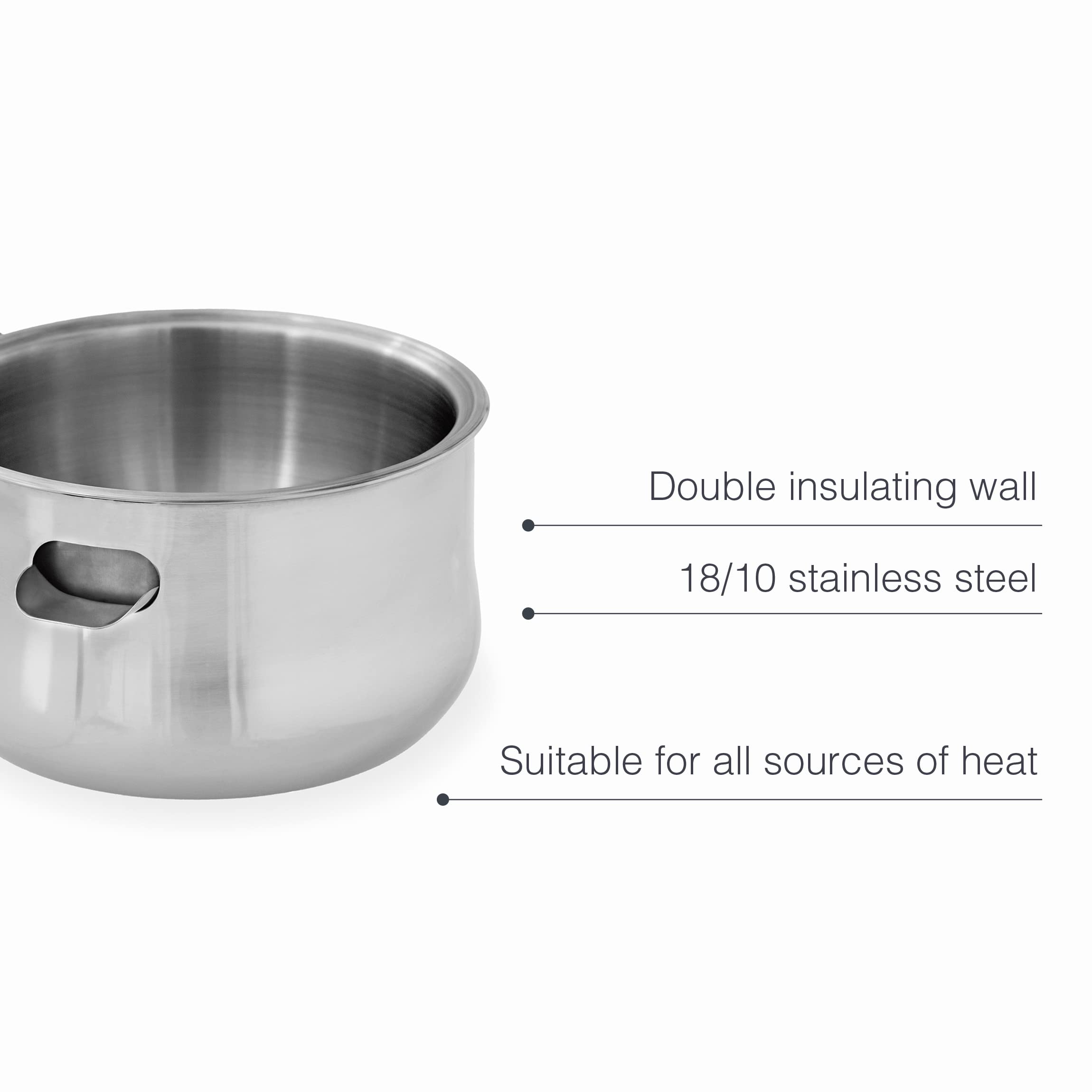 Lacor Vaso per Bagno, Secchio in Acciaio Inox 18 e 10, Manico Resistente al Calore, Apertura Laterale per Acqua, Adatto a Tutti i Fuochi Incluso Induzione, Lavabile in Lavastoviglie, 16 cm, 1 L, 62600