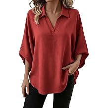 Women 3/4 Sleeve Tops Loose Fit Collared V-Neck Casual Solid Fashion Shirts