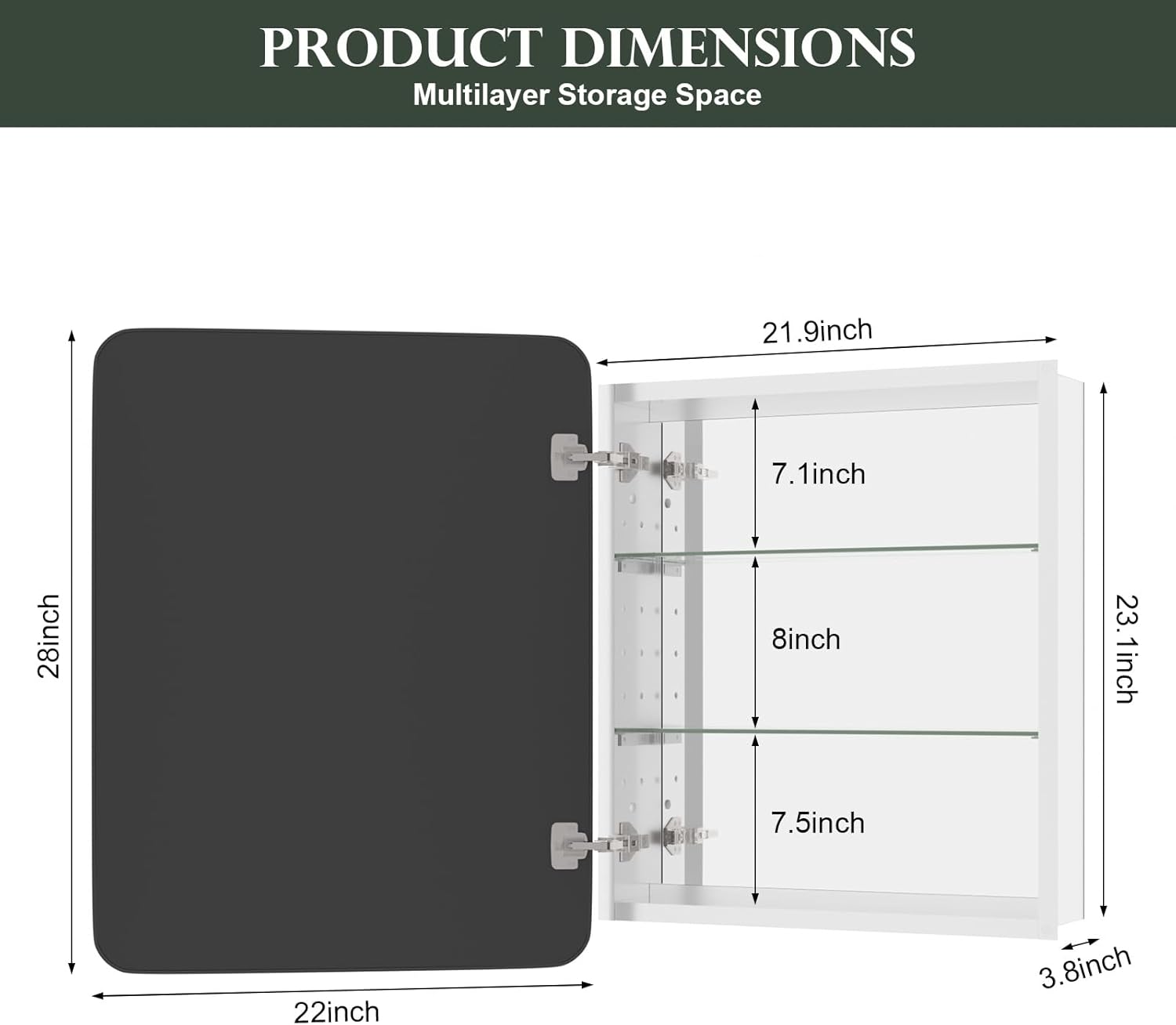 Product dimensions diagram showing width, height, and depth of the cabinet and internal shelf spacing