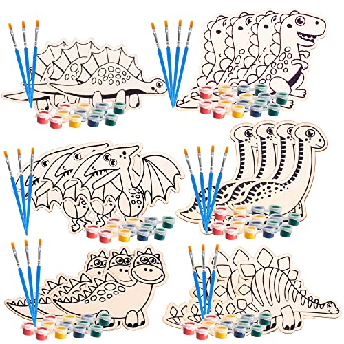 Image of SCS Direct Wood Painting Craft Kit 20 Pack- Summer Arts & Crafts Gifts for Kids - Each Dinosaur Painting Set Comes w /Brush & Paint - Great for Classroom Prizes, Birthday Party Favors, Goodie Bags