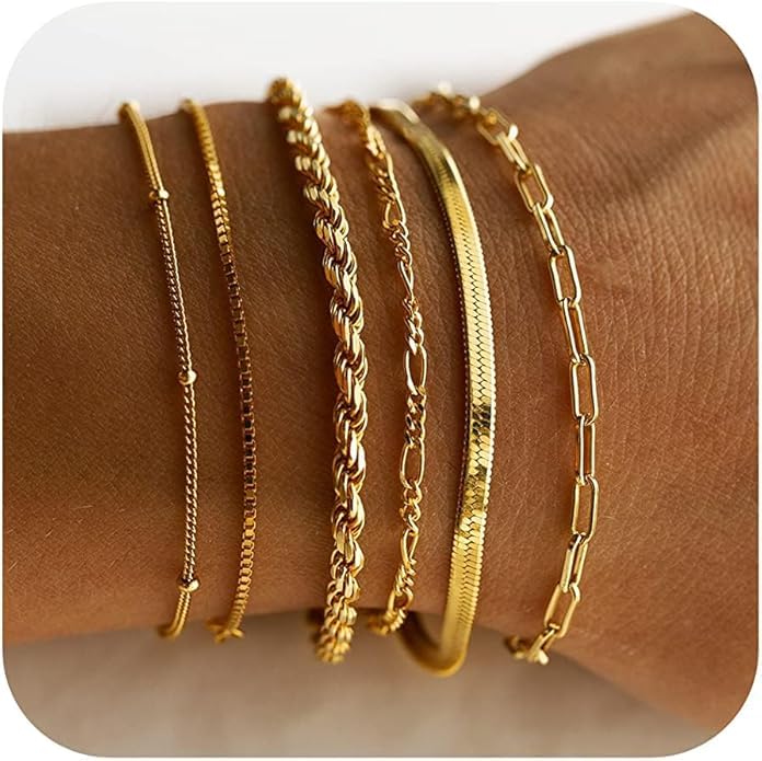 EN 6PC Silver/Gold Bracelets for Women, 925 Real Silver Plated/14K Real Gold Plated Jewelry Sets for Women, Trendy Thin Dainty Stackable Cuban Link